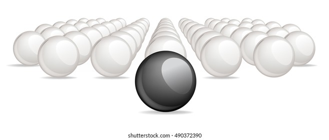  One black unique sphere came forward from a crowd of white spheres.  Conceptual Vector illustration