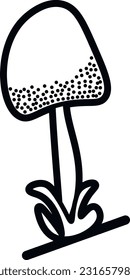 one black and white mushroom. grass below. with dots on the hat. icon . sticker .