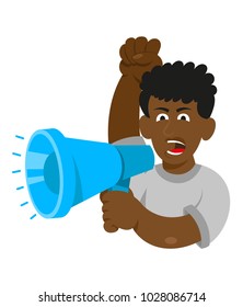 One black young angry man which keep megaphone and shout take part in protest for freedom rights people. Vector icon isolated white background illustration cartoon character flat design.