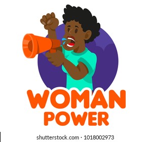 One black young woman power feminist which keep megaphone and shout take part in protest for freedom rights women. Vector icon isolated white background illustration cartoon character flat design.