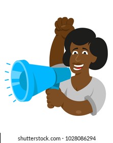 One black young woman power feminist which keep megaphone and shout take part in protest for freedom rights women. Vector icon isolated white background illustration cartoon character flat design.