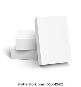 one blank paper box leaning on other two, 3d illustration, can be used as design element, isolated white background, elevated view