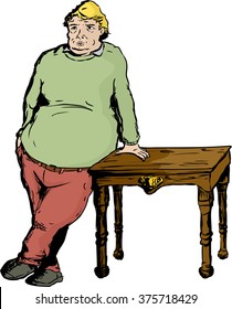 One blond overweight mature European male leaning on table with hand
