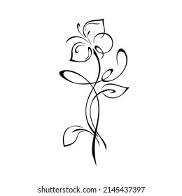 one blooming flower with large petals on a curved stem with leaves and curls in black lines on a white background