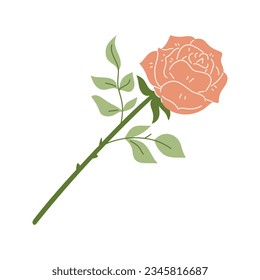One blooming rose on a twig with leaves. Flat hand drawn pink rose flower. Botanical illustration in a trendy flat style. Vector decorative element isolated on a white background