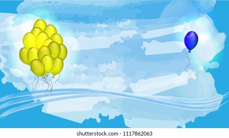 one blue air balloon and  many yellow air ballons