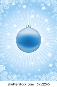 One blue Christmas ball on snowy background.