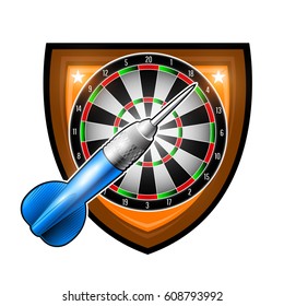 One blue darts with round target in center of shield isolated on white. Sport logo for any darts game or championship