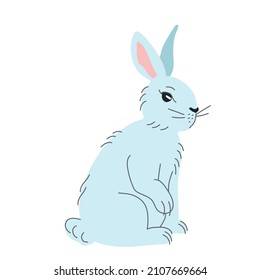 One blue Easter bunny is sitting. Vector hand-drawn illustration on a white background for postcards, prints
