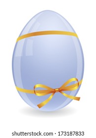 One blue easter egg with gold bow and ribbons isolated on white background. Vector illustration