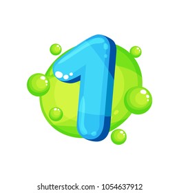 One blue glossy bright number, kids font vector Illustration on a white background