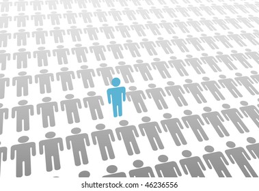 One blue person stands up in group or population of flat gray people laying down.