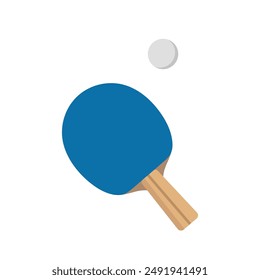 One blue ping pong racket and ball, isolate on white, simple illustration, flat style, minimalism