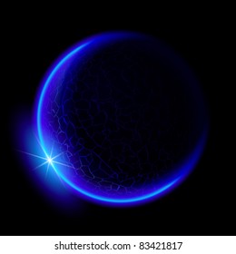 One blue planet in deep space. Black space. Blue Sunset.