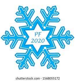 One blue snowflake with text PF 2020 on white background. Conceptual image for print.
