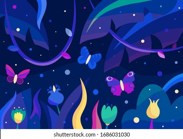 One blue and two magenta butterflies in the colorful night jungle full of plants and magic lights.