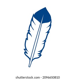 One blue white bird feather graphic icon vector. Blue and white feather icon isolated on a white background. Quill design element
