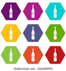 One bottle icon set many color hexahedron isolated on white vector illustration