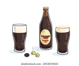 One bottle and two glasses of dark beer with snack. Picture in line style. Black outline with colored spots. Isolated on white background. Vector flat illustration. 