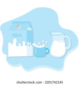 one box of milk with one cup of fresh milk and a jug of fresh milk