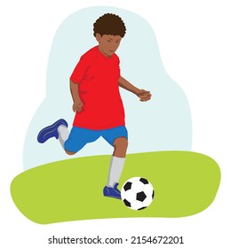 One boy is dark-skinned with black hair, a striker in football. Red team attacking. Kid swinging leg to kick ball. Junior football players. Flat vector children character illustration