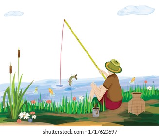 one boy fihsing at canal vector design