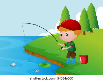 One Boy Fishing Alone On The River Bank Illustration