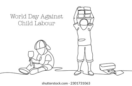 One boy is playing in the sandbox, and the other is working hard. Child labour. World Day Against Child Labour. One line drawing for different uses. Vector illustration. svg