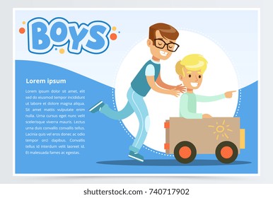 One boy pushing to another while he is sitting in a toy car, boys banner for advertising brochure, promotional leaflet poster, presentation flat vector element for website or mobile app
