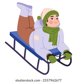 One boy is riding on a sled. Riding a sled facing forward. Child rolling on his stomach from slide on sled in winter outside. Flat vector illustration, eps10