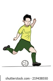 One boy runs with a ball on a white background