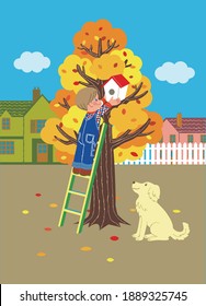 One boy is setting up a birdhouse on a ladder, with a dog by his side.