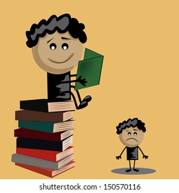one boy standing in a pile of books and a sad boy with no books