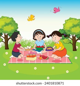 one boy two girls sitting in the park on a blanket with fruits and juice vector illustration