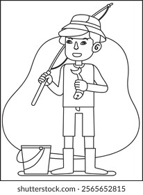 One boy - a young fisherman in a cap caught fish with a rod. The cartoon character plays a baby boy. Kid summer game. Coloring book. Page to be colored. Summer outdoor games for children.