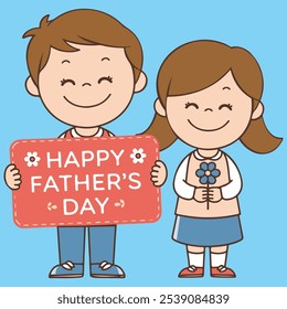 one boys hold a sign that says "HAPPY FATHER'S DAY" with flowers, while a girl holds a flower. Happy cartoon characters on a blue background.