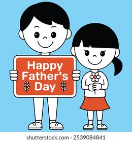 one boys hold a sign that says "HAPPY FATHER'S DAY" with flowers, while a girl holds a flower. Happy cartoon characters on a blue background.