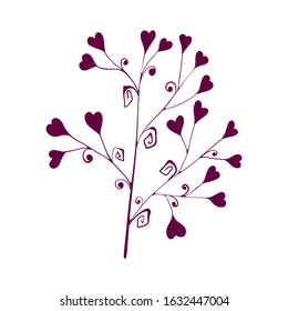 one branch with hearts for valentines day. isolated on a white background. Hand drawing sketch.