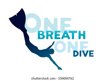 One breath, one dive. Silhouette of freediver in monofin on a white background. Vector illustration with underwater sport logo.