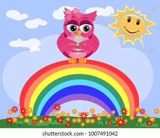 One bright, cartoonish, beautiful, pink owl with bow on the ear sit on the rainbow