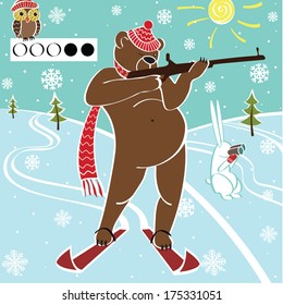 One brown bear biathlete taking aim with a rifle. Humorous illustration.