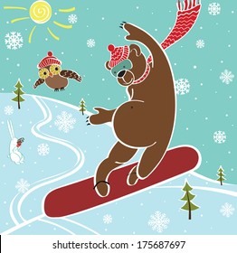 One brown bear jumps on a snowboard. Against the blue sky and landscape. Winter sports. Humorous vector illustration