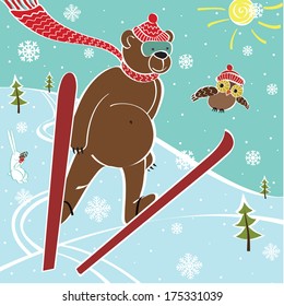 One brown bear scarf and hat ski jumping. Humorous illustration