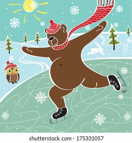 One brown bear is skating on the skating rink in winter. Humorous illustration