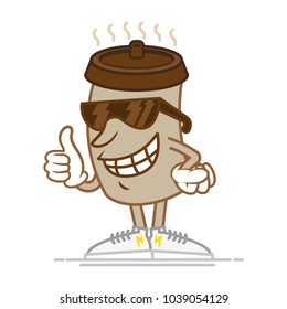 One brown big cute smile happy in sunglasses hot plastic cup good coffee which confidently stand and show a finger up. Modern vector style cartoon character illustration flat design. Mascot logo icon.