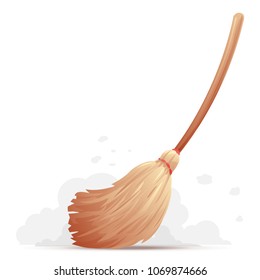 One brown broom with long handle sweep floor, cleaning from dust and dirt