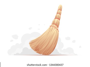 One Brown Broom Sweep Floor Isolated, Household Implement From Dust And Dirt