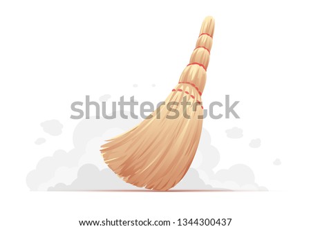 One brown broom sweep floor isolated, household implement from dust and dirt