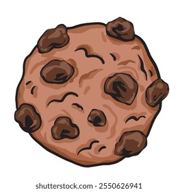 One brown chocochip cookie colorful illustration isolated on square white background. Simple flat outlined cartoon art styled sweet food drawing.