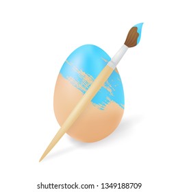 One brown egg painted blue and paintbrush. Vector easter icon isolated on white background